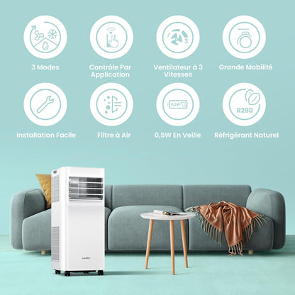 Comfee Breezy Cool 2.6 — climatiseur mobile connecté 9000 BTU 2,6 kW 3-en-1, R290, app, 33 m²