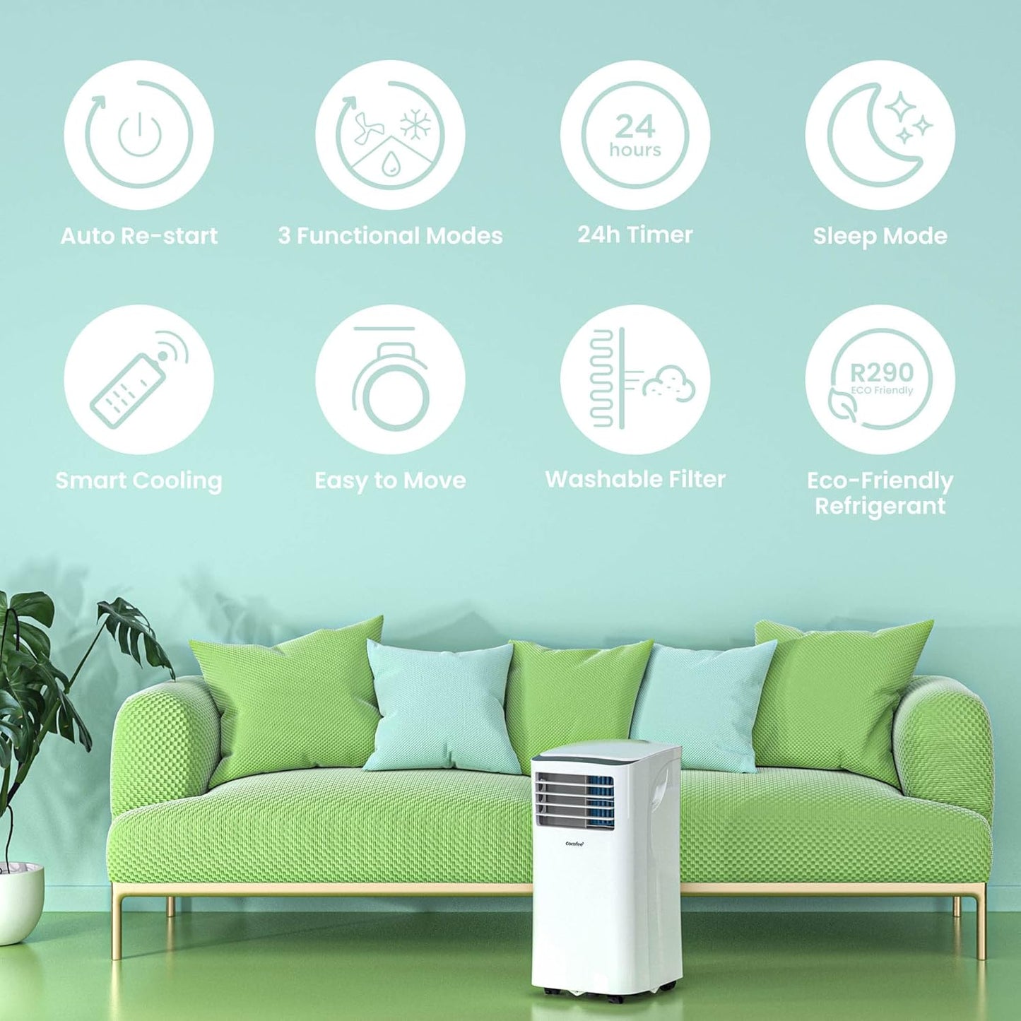 Comfee MPPH-09CRN7 — climatiseur mobile 9000 BTU 2,6 kW 3-en-1, R290, classe A, jusqu'à 33 m²