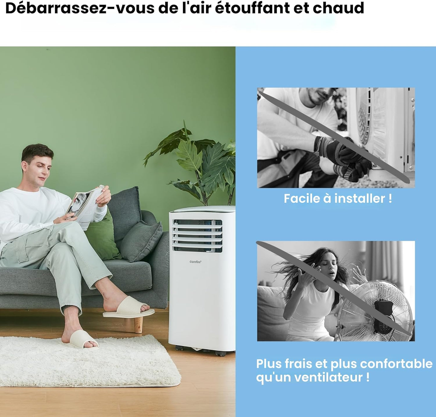 Comfee MPPH-09CRN7 — climatiseur mobile 9000 BTU 2,6 kW 3-en-1, R290, classe A, jusqu'à 33 m²